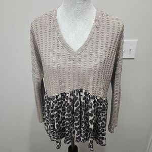 Lovely Melody Women's Large Knit Leopard Babydoll Sweater Top Beige